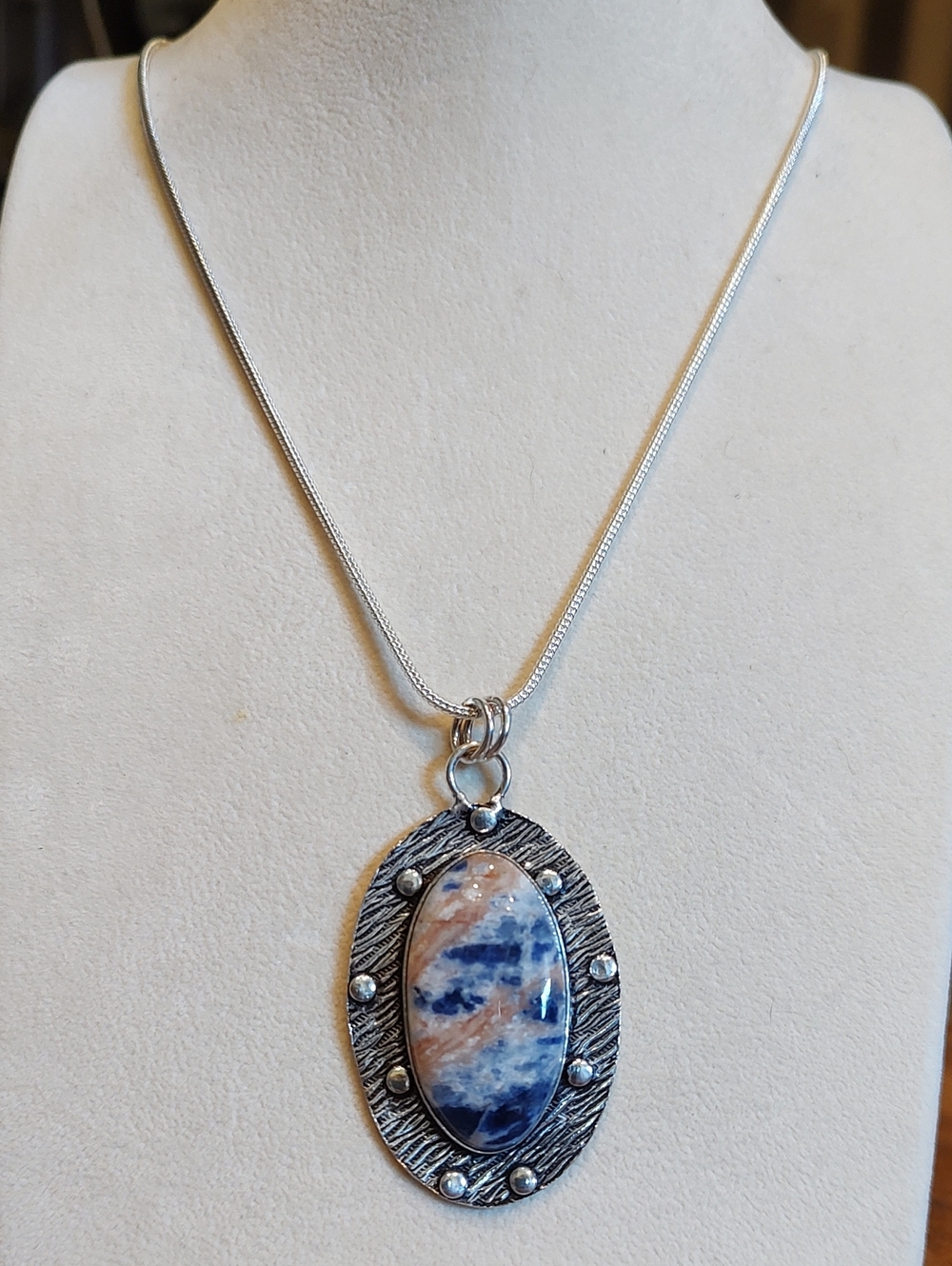Sodalite Gemstone Pendant With 20" Silver Chain